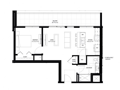 Floor plan for 1 bed, 695 sqft
